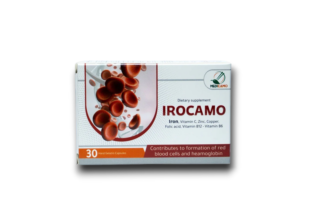 مكمل الحديد IROCAMO مع فيتامين C وحمض الفوليك لعلاج الأنيميا وزيادة الهموجلوبين، 30 كبسولة من Medicamo.