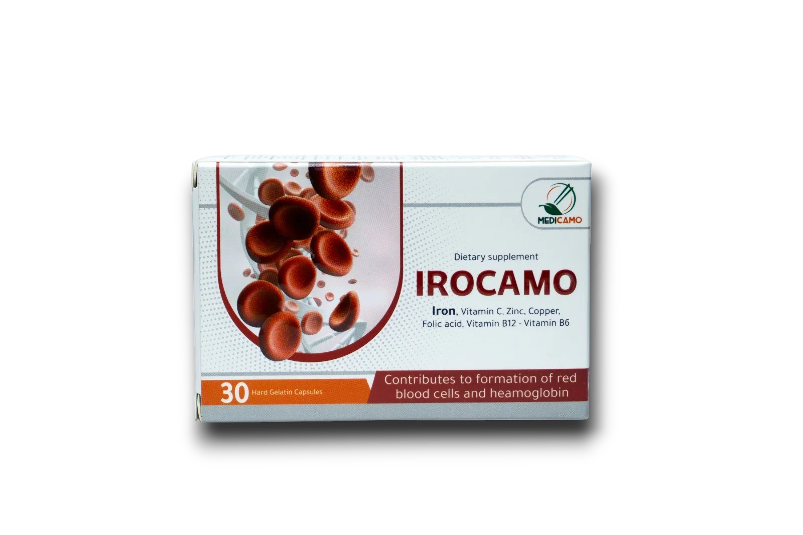 مكمل الحديد IROCAMO مع فيتامين C وحمض الفوليك لعلاج الأنيميا وزيادة الهموجلوبين، 30 كبسولة من Medicamo.
