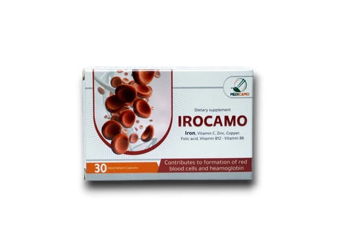 مكمل الحديد IROCAMO مع فيتامين C وحمض الفوليك لعلاج الأنيميا وزيادة الهموجلوبين، 30 كبسولة من Medicamo.