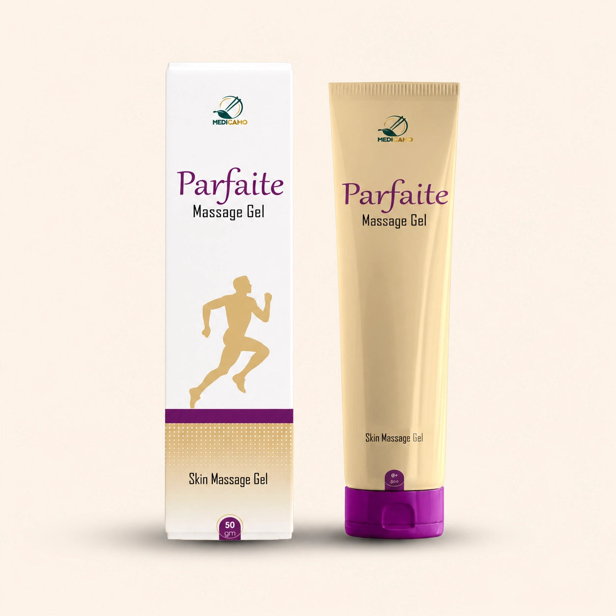 أفضل مساج جيل في مصر لتخفيف آلام المفاصل والعضلات. Parfaite Massage Gel من Medicamo بتركيبة متطورة وفعالة. عبوة بيضاء مع رسم توضيحي بارز لشخص يجري. اطلبه الآن من متجر Medicamo في مصر.